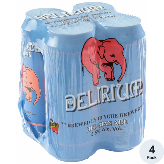 A 4-pack of Delriue Belgian Ale 8.5% ABV in light blue plastic-wrapped cans, featuring a red elephant logo and a white circular '4 Pack' badge in the bottom right corner.