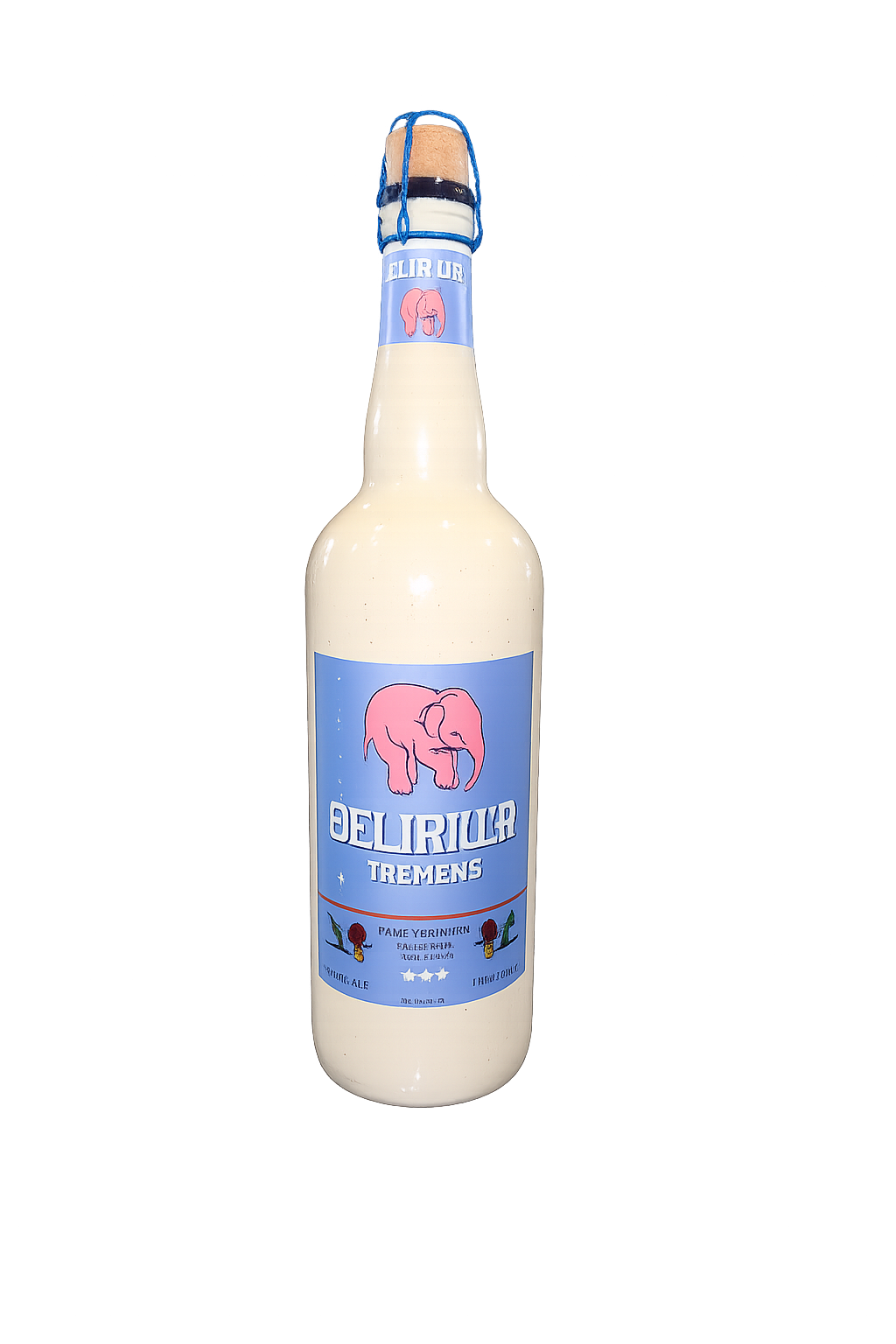 A bottle of Delirilla Tremens alcoholic beverage with a light blue label featuring a pink elephant logo, filled with a creamy off-white liquid, and sealed with a blue and beige foil cap, set against a plain white background.