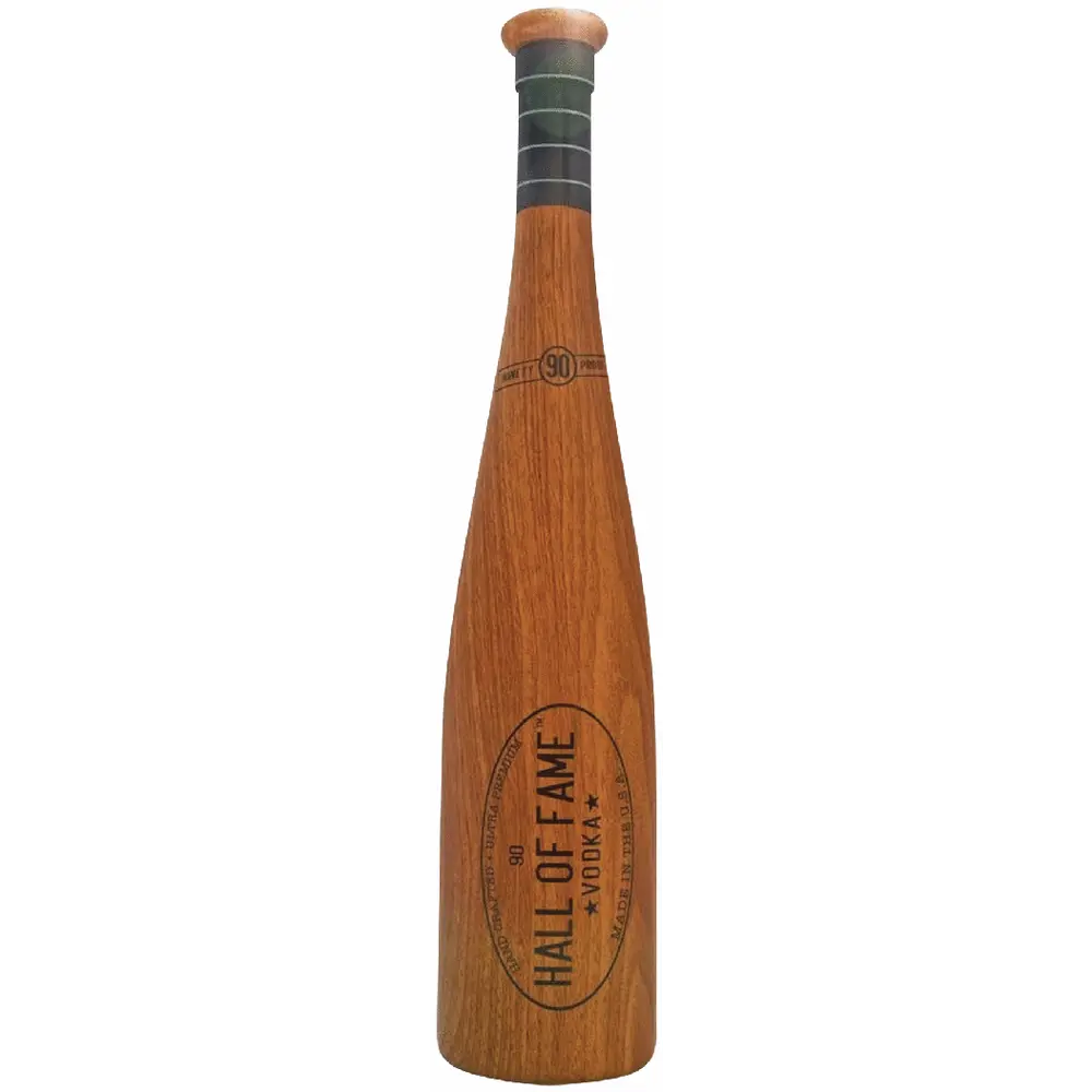A wooden baseball bat replica with a dark gray grip and engraved 'HALL OF FAME' text on the front, isolated on a white background.