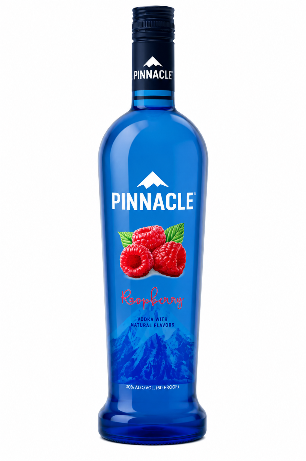 A bottle of Pinnacle Raspberry Vodka with a vibrant blue glass bottle, featuring a label with red raspberries and white mountain graphics, on a solid white background.