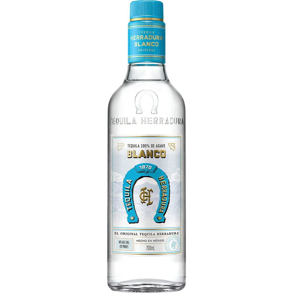 A bottle of Herradura Blanco tequila with a blue cap and a label featuring the brand logo and the text '100% Agave', indicating its flavor and alcohol content.