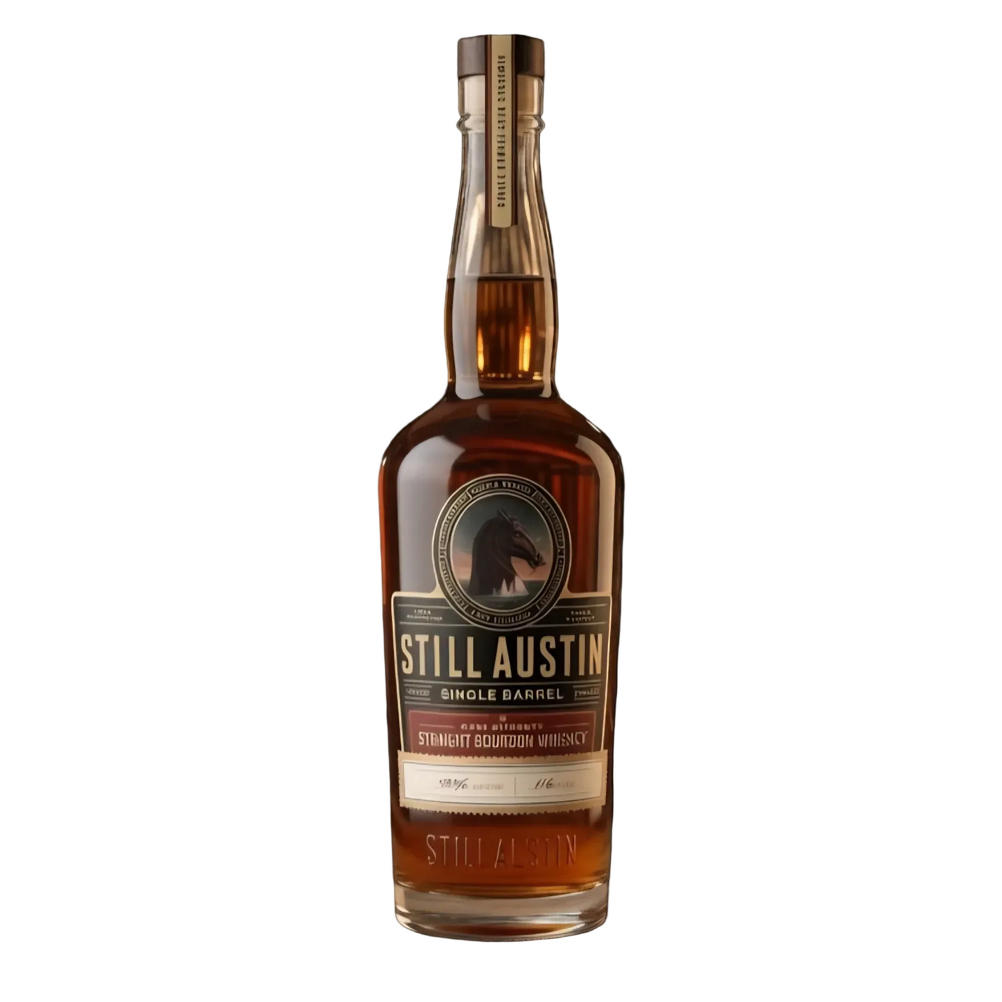 A bottle of Still Austin Single Barrel Straight Bourbon Whiskey against a solid black background. The amber liquid inside the clear glass bottle is visible, along with a gold neck seal and a black label featuring a horse logo and gold lettering.