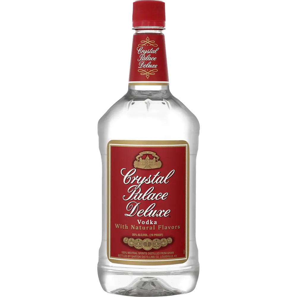 A bottle of Crystal Palace Deluxe Vodka with natural flavors, featuring a clear glass bottle, red cap, and a red label with gold and white text.