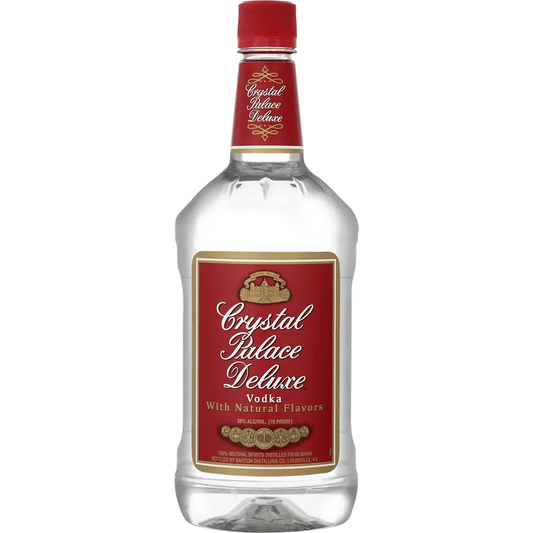 A bottle of Crystal Palace Deluxe Vodka with natural flavors, featuring a clear glass bottle, red cap, and a red label with gold and white text.