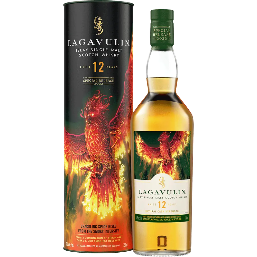 Lagavulin 12-year-old Scotch whisky bottle and packaging with a phoenix design on a white background