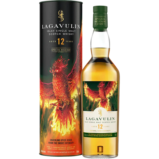 Lagavulin 12-year-old Scotch whisky bottle and packaging with a phoenix design on a white background