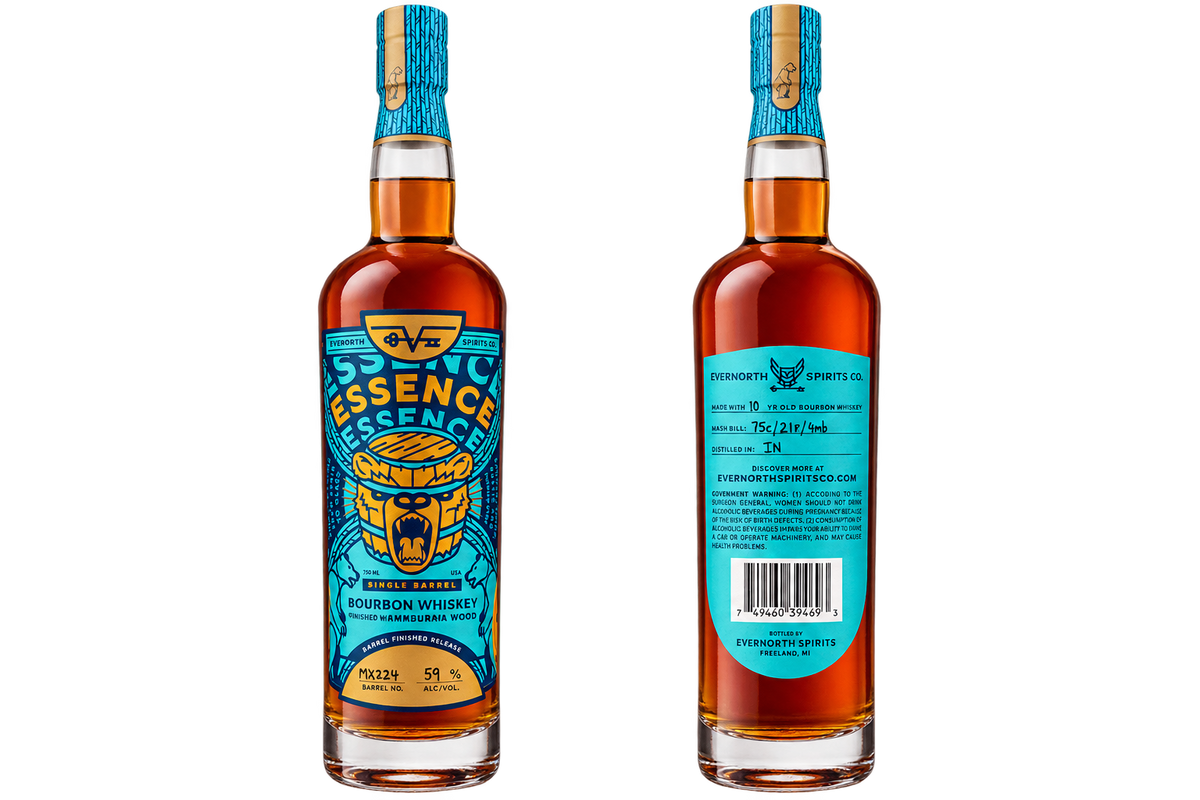 Two bottles of FreshShot Essence Bourbon Whiskey shown side by side on a white background, displaying the front label and the back label.