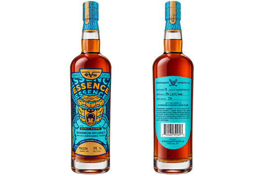 Two bottles of FreshShot Essence Bourbon Whiskey shown side by side on a white background, displaying the front label and the back label.