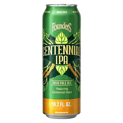 Green can of Founders Centennial IPA with branding and product details on a white background