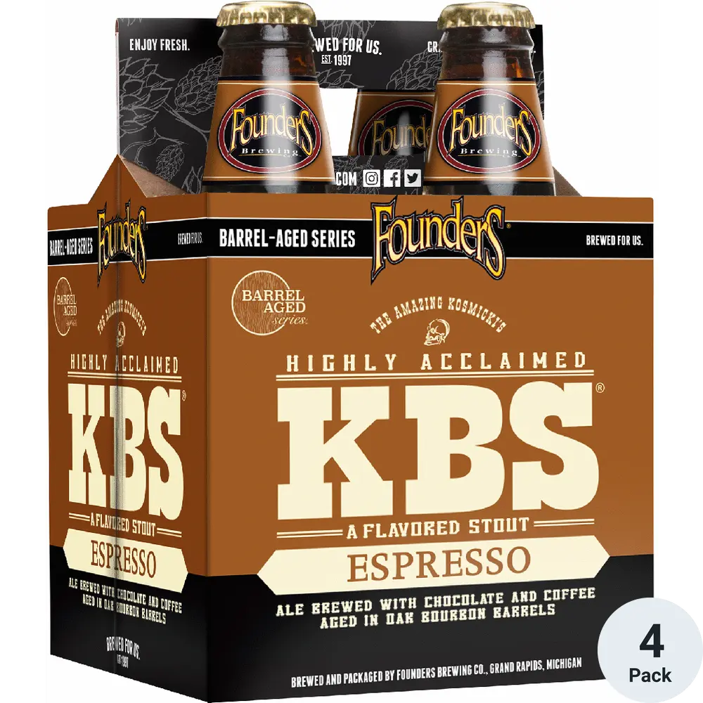 A 4-pack cardboard carrier of Founders KBS Barrel-Aged Series Espresso flavored stout beer bottles, shown on a clean white background with a small '4 Pack' badge in the lower right corner.