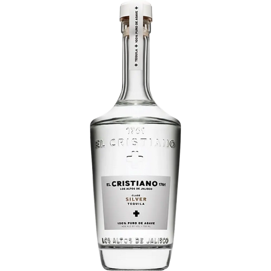 A bottle of El Cristiano Silver Tequila with a white label on it, indicating the type and brand of the tequila.