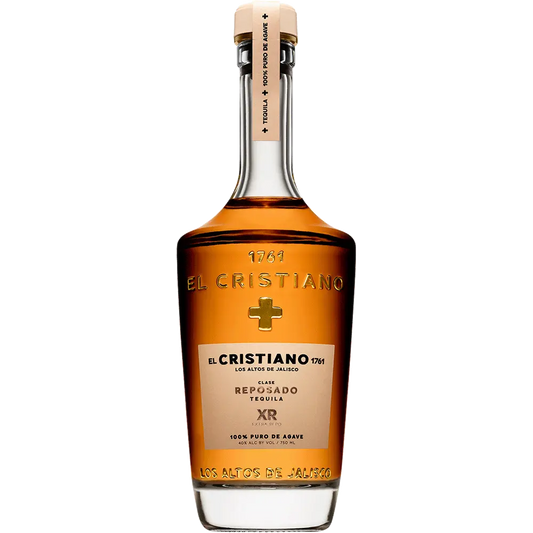 A bottle of El Cristiano Reposado XR Tequila with a clear amber liquid visible and brand details on the label.