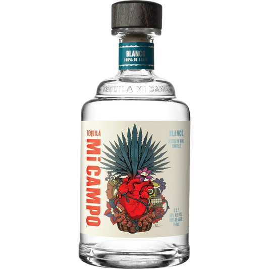 Mi Campo tequila bottle with a colorful label on a white background