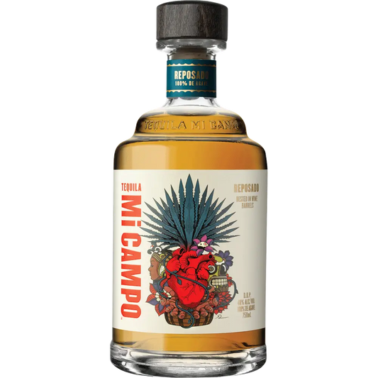 Tequila Mi Campo bottle with colorful label on a white background