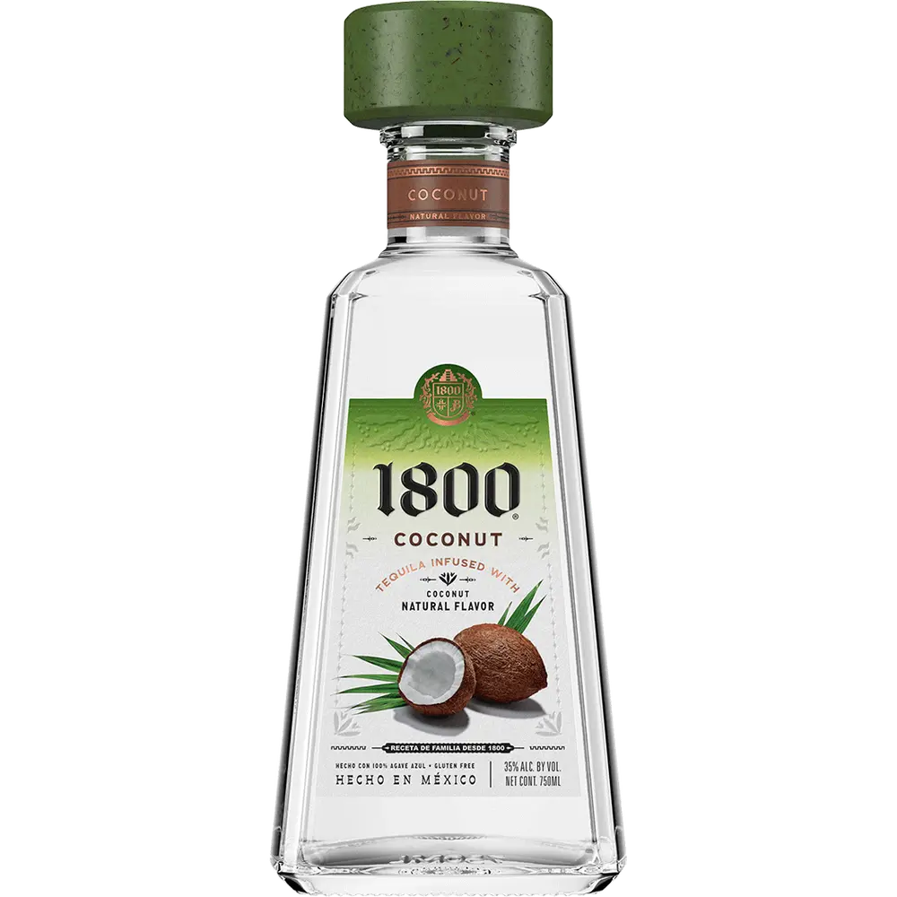 A bottle of 1800 Coconut Tequila with a label showing the brand name, the type of tequila, and an image of a coconut. The bottle is clear, showcasing the silver tequila inside.