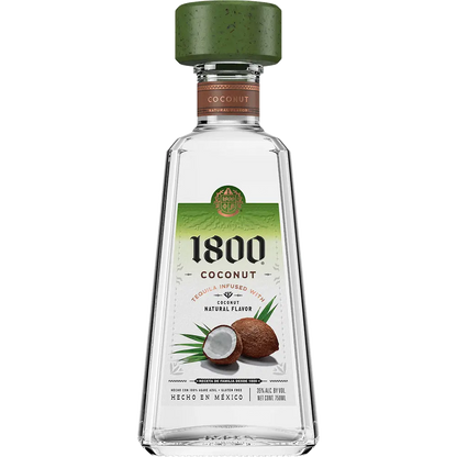 A bottle of 1800 Coconut Tequila with a label showing the brand name, the type of tequila, and an image of a coconut. The bottle is clear, showcasing the silver tequila inside.