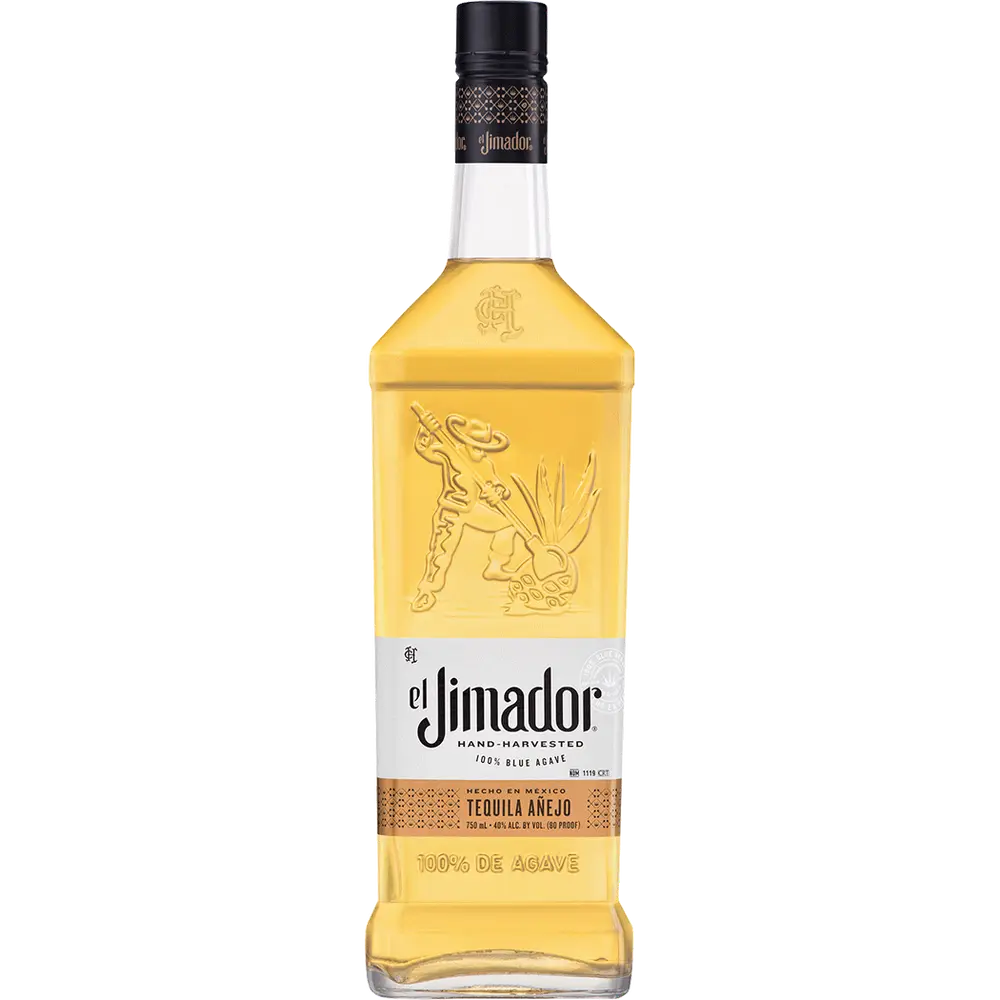 A bottle of El Jimador Tequila Anejo with a yellowish liquid visible and brand details on the label.
