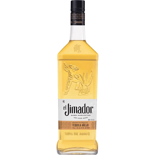 A bottle of El Jimador Tequila Anejo with a yellowish liquid visible and brand details on the label.