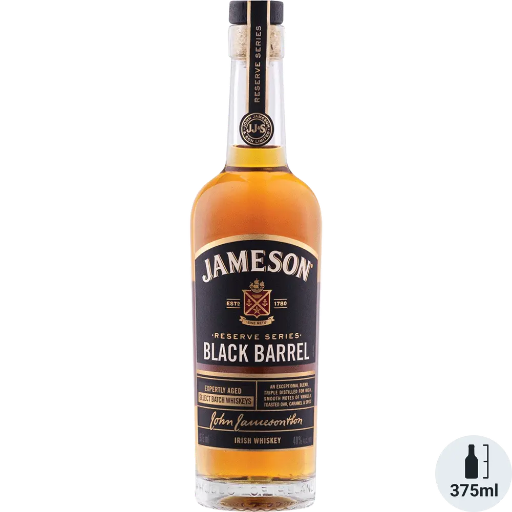Bottle of Jameson Black Barrel Irish whiskey with a label indicating 375ml volume.