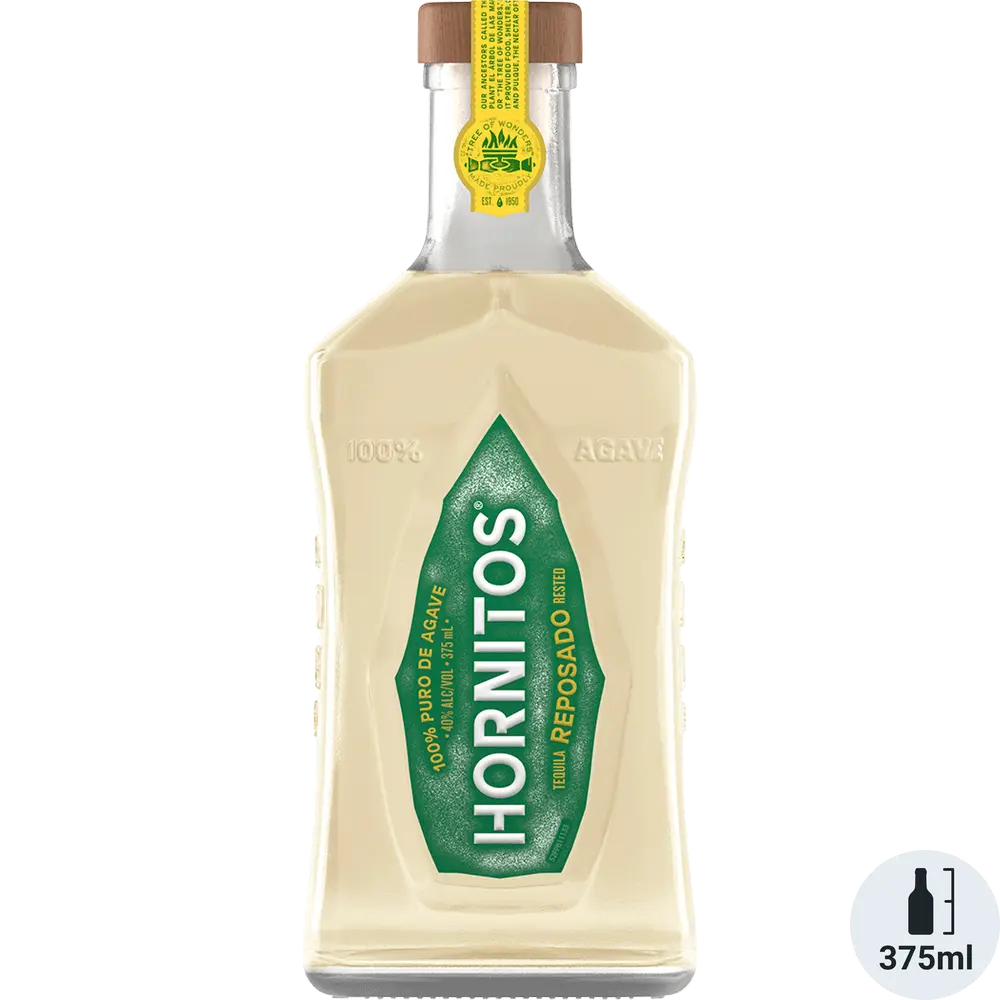 A bottle of Hornitos Reposado Tequila with a pale yellow label and green accents displaying the product name and agave illustration.