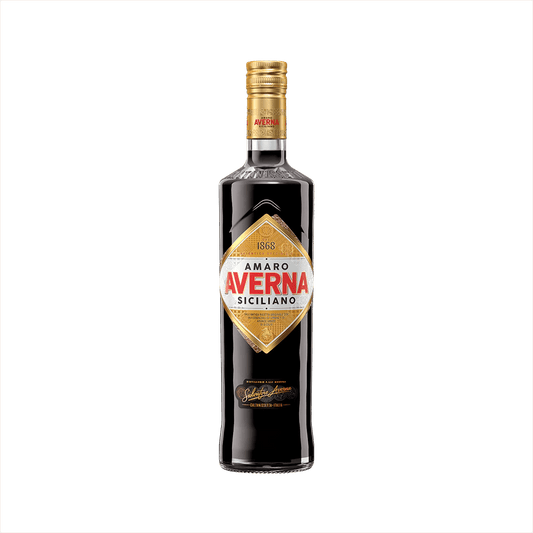 A bottle of Amaro Averno Siciliano Liqueur with a label that features the name Averna and the word Siciliano, set against a transparent background.
