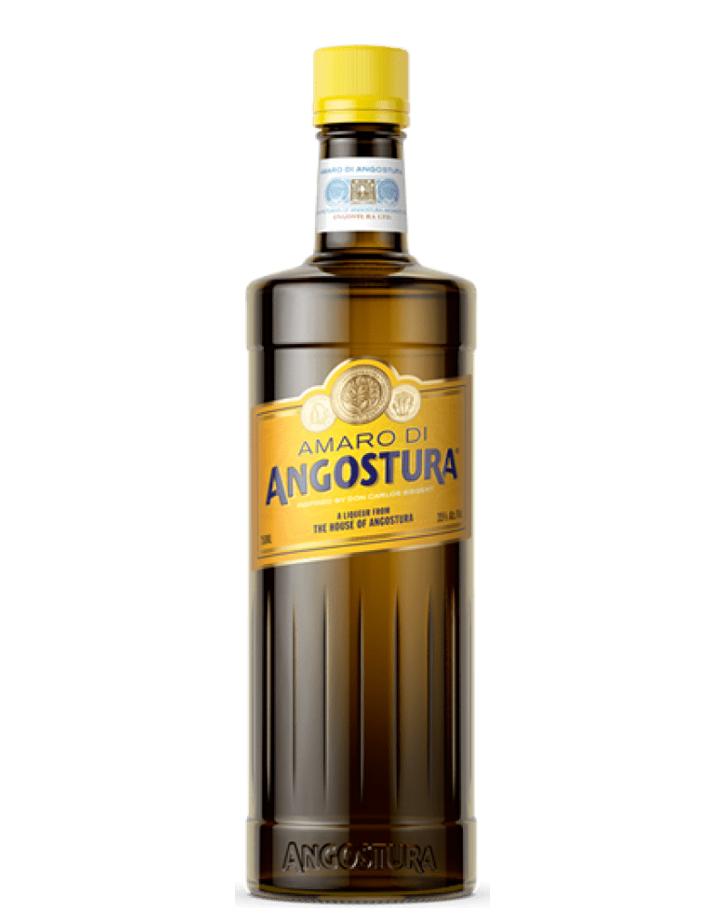 This image features a bottle of "Amaro Di Angostura Liqueur," which is prominently displayed with a clear, golden-brown tinted liquid inside. The bottle is tall with a narrow neck, topped with a yellow cap, which adds a distinct contrast to the dark glass.