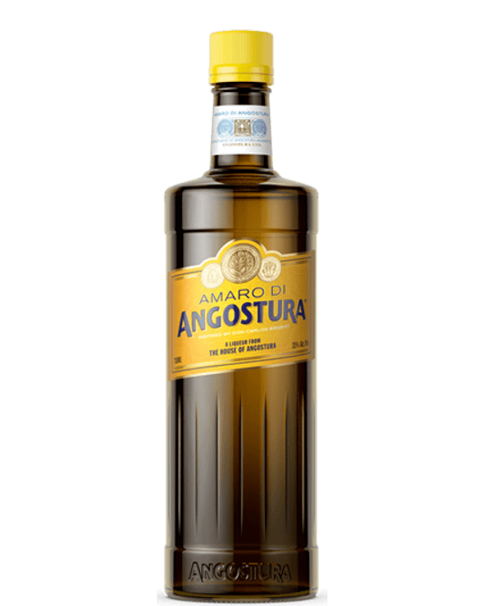 This image features a bottle of "Amaro Di Angostura Liqueur," which is prominently displayed with a clear, golden-brown tinted liquid inside. The bottle is tall with a narrow neck, topped with a yellow cap, which adds a distinct contrast to the dark glass.