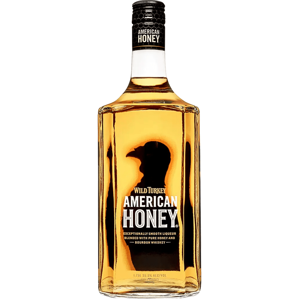 A bottle of Wild Turkey American Honey bourbon whiskey with a label depicting a silhouette of a turkey.