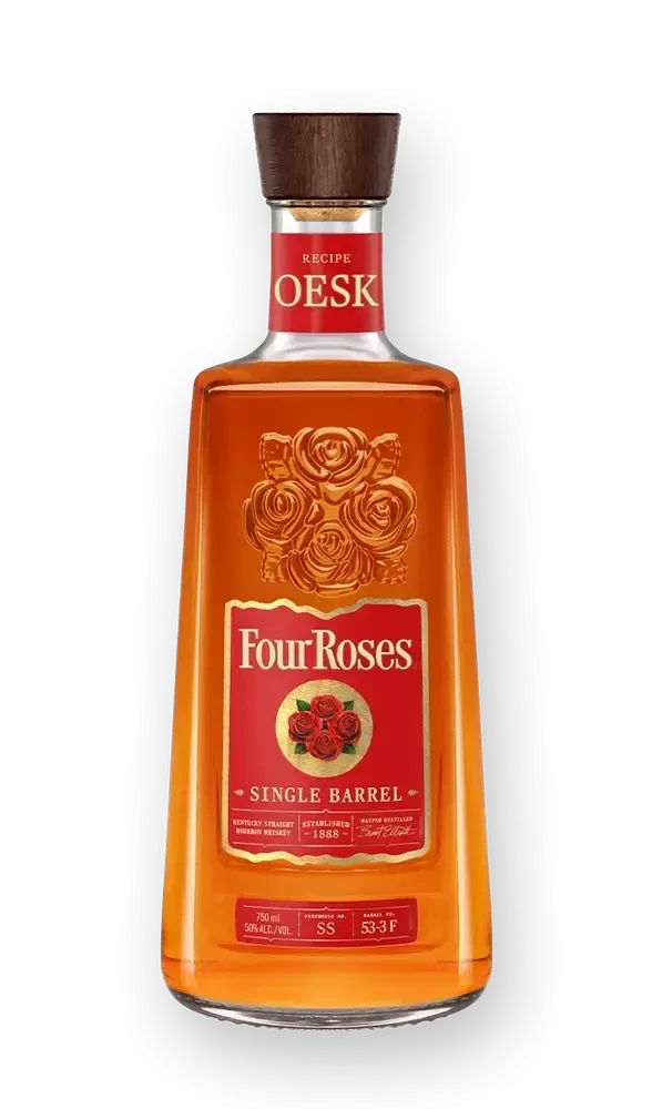 Four Roses whiskey bottle on a white background