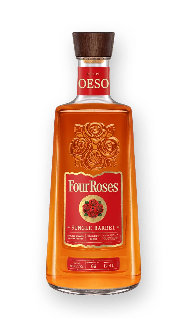 A bottle of Four Roses Single Barrel OESO bourbon whiskey with a red label and cap.