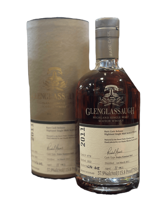 A bottle of Glenglassaugh 11 Year Old Highland Single Malt Scotch Whisky with its packaging box. The bottle has a label with the brand name and product details, and a signature-like mark on the front.