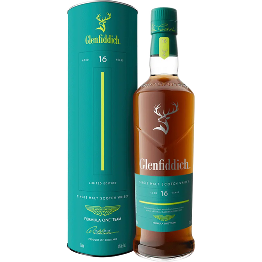 Glenfiddich 16-year-old whisky bottle and packaging on a white background