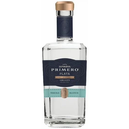 Tequila bottle with blue label on a white background