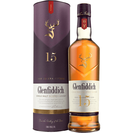 Glenfiddich 15 Year Old Solera Reserve Single Malt Scotch Whisky, showing the bottle and the packaging with branding and product information.