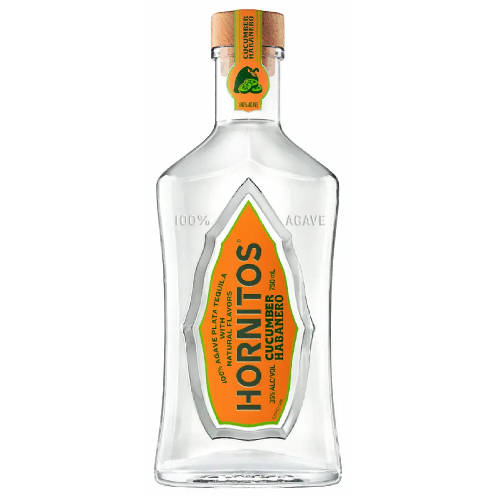 Hornitos tequila bottle with orange label on a white background