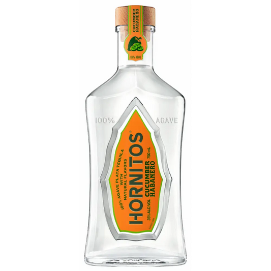 Hornitos tequila bottle with orange label on a white background