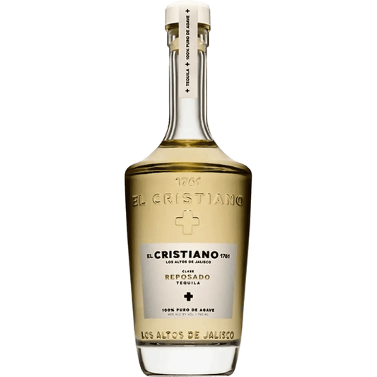 A bottle of El Cristiano Reposado Tequila with a clear liquid visible inside. The bottle is labeled with 'El Cristiano' branding and indicates it is a product of Jalisco, Mexico.