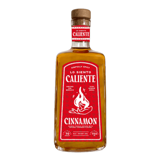A bottle of Lo Siento Caliente Cinnamon Blanco Tequila with a red label and a visible blue agave plant on the label.