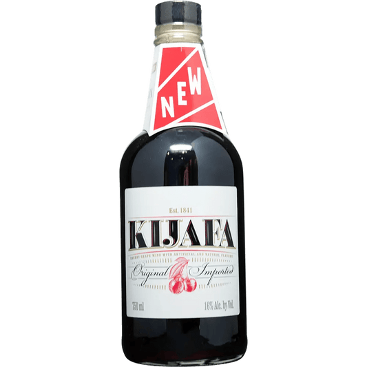 A bottle of Kijafa Cherry Wine with a label indicating it is new, depicted with a red 'NEW' sticker on the upper part of the bottle.