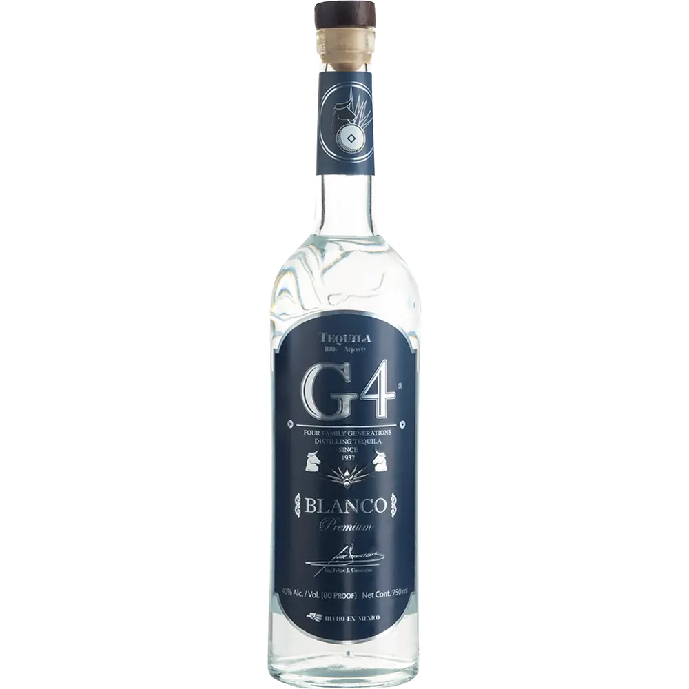 Tequila bottle labeled 'G4 Blanco' on a white background