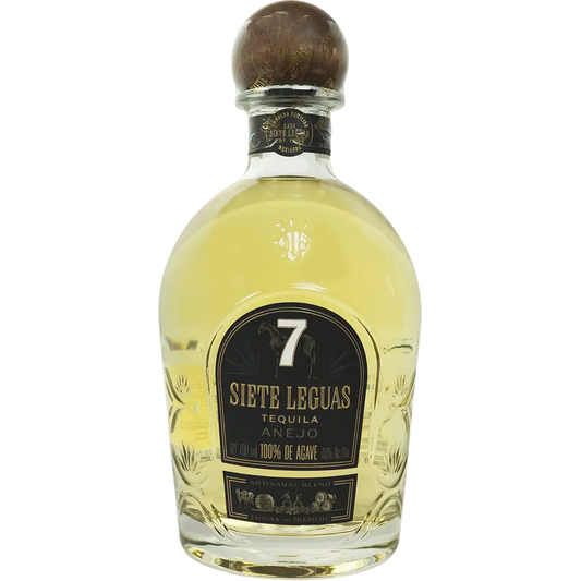 Siete Leguas tequila bottle on a white background