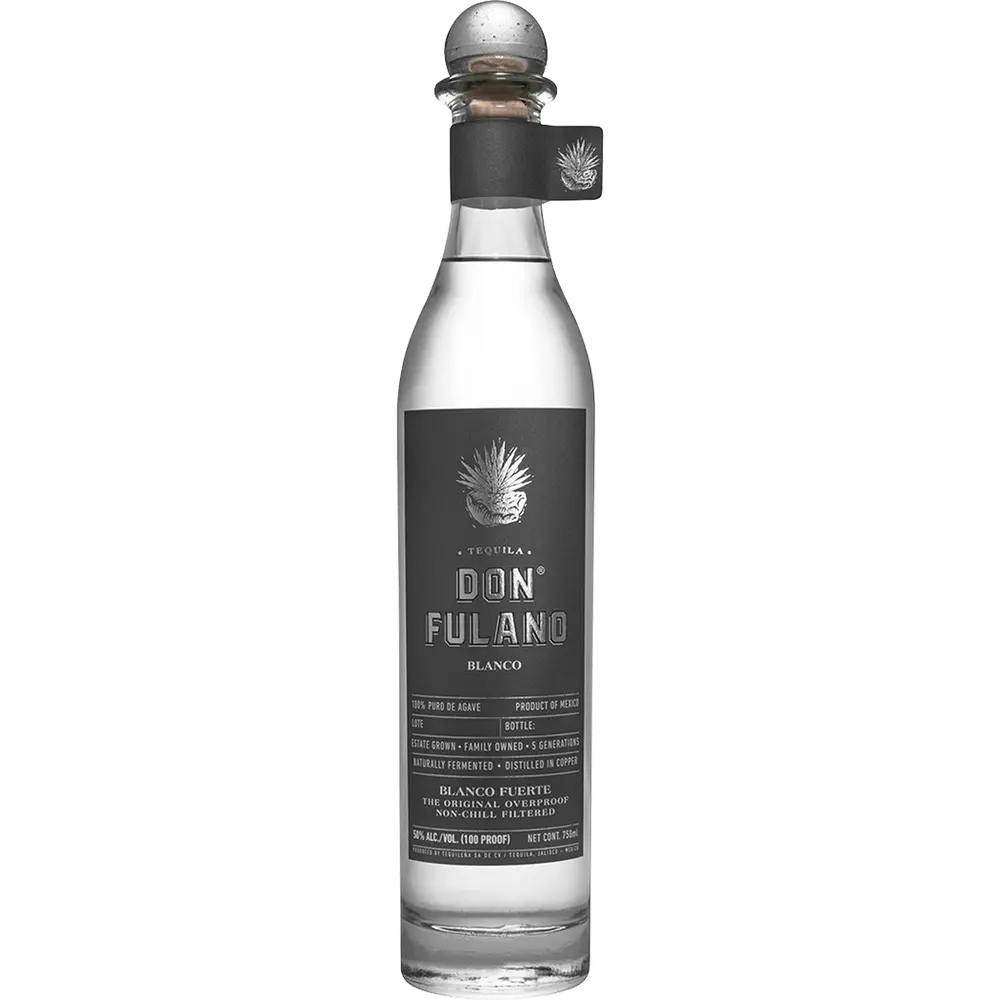 Bottle of Don Fulano blanco tequila on a white background
