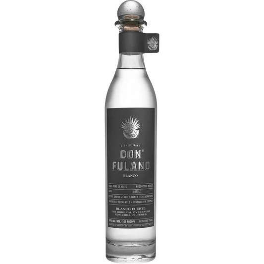 Bottle of Don Fulano blanco tequila on a white background