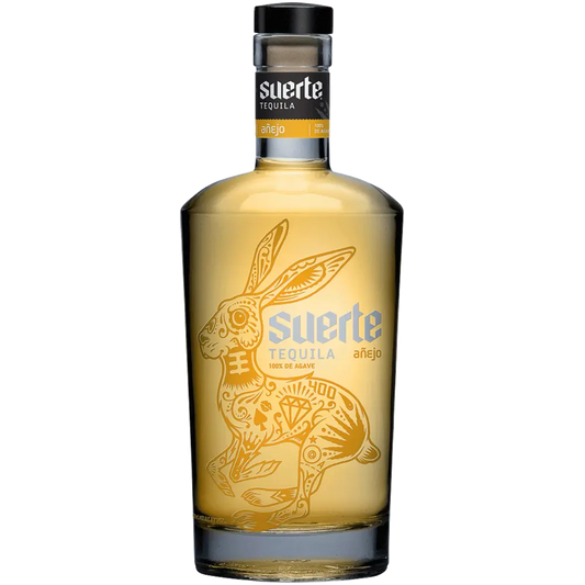 Suerte Tequila bottle with rabbit design on a white background