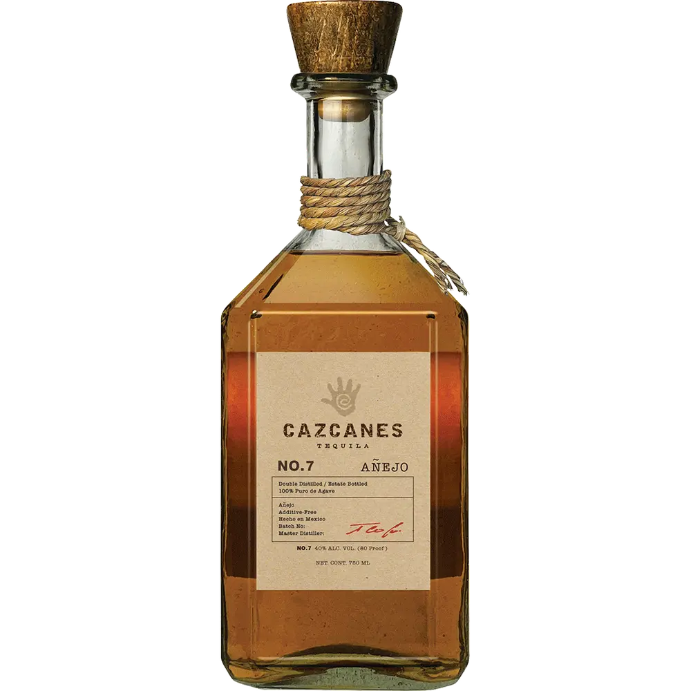 Bottle of Cazcanes tequila with a wooden cap on a white background
