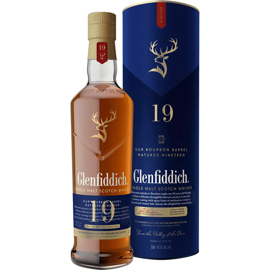 Glenfiddich 19-year-old whisky bottle and packaging on a white background