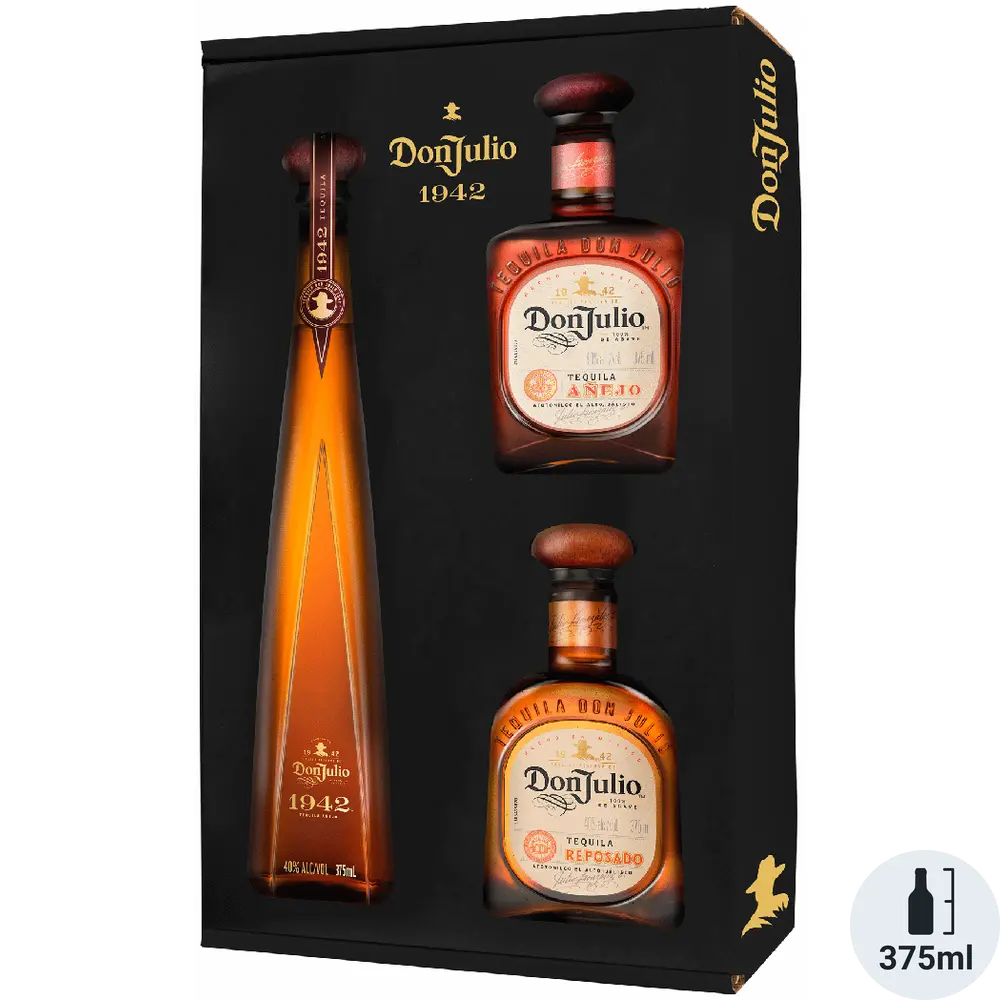 Don Julio tequila bottles in a black gift box on a white background