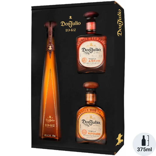Don Julio tequila bottles in a black gift box on a white background