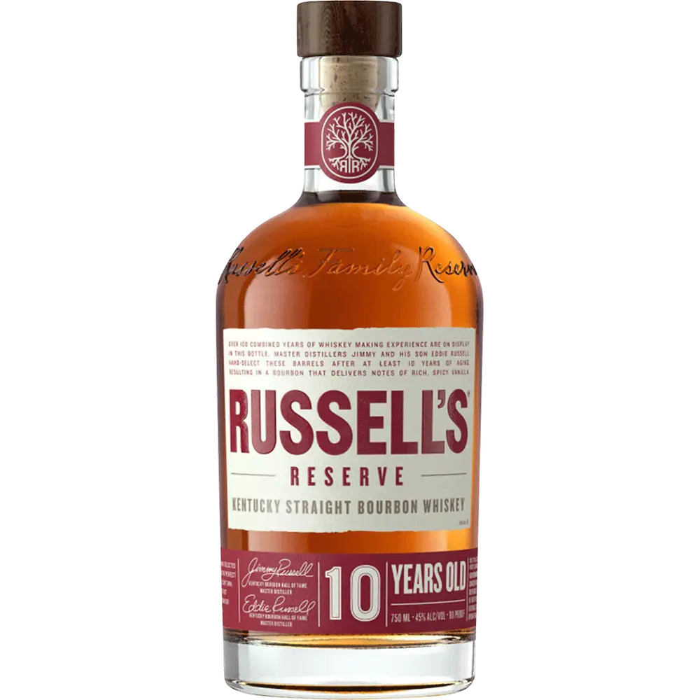 Bottle of Russell's Reserve 10 Years Old Kentucky Straight Bourbon Whiskey on a white background