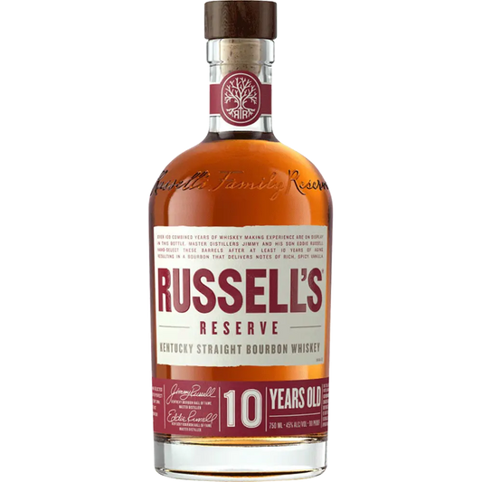 Bottle of Russell's Reserve 10 Years Old Kentucky Straight Bourbon Whiskey on a white background